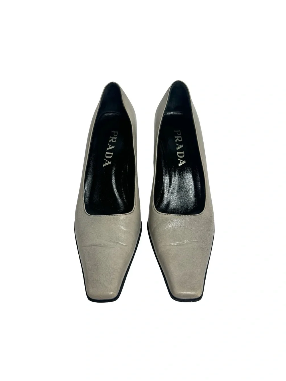 PRADA | Vintage 90s Grey Leather Square Toe Sculptural Block Heel Pump 36